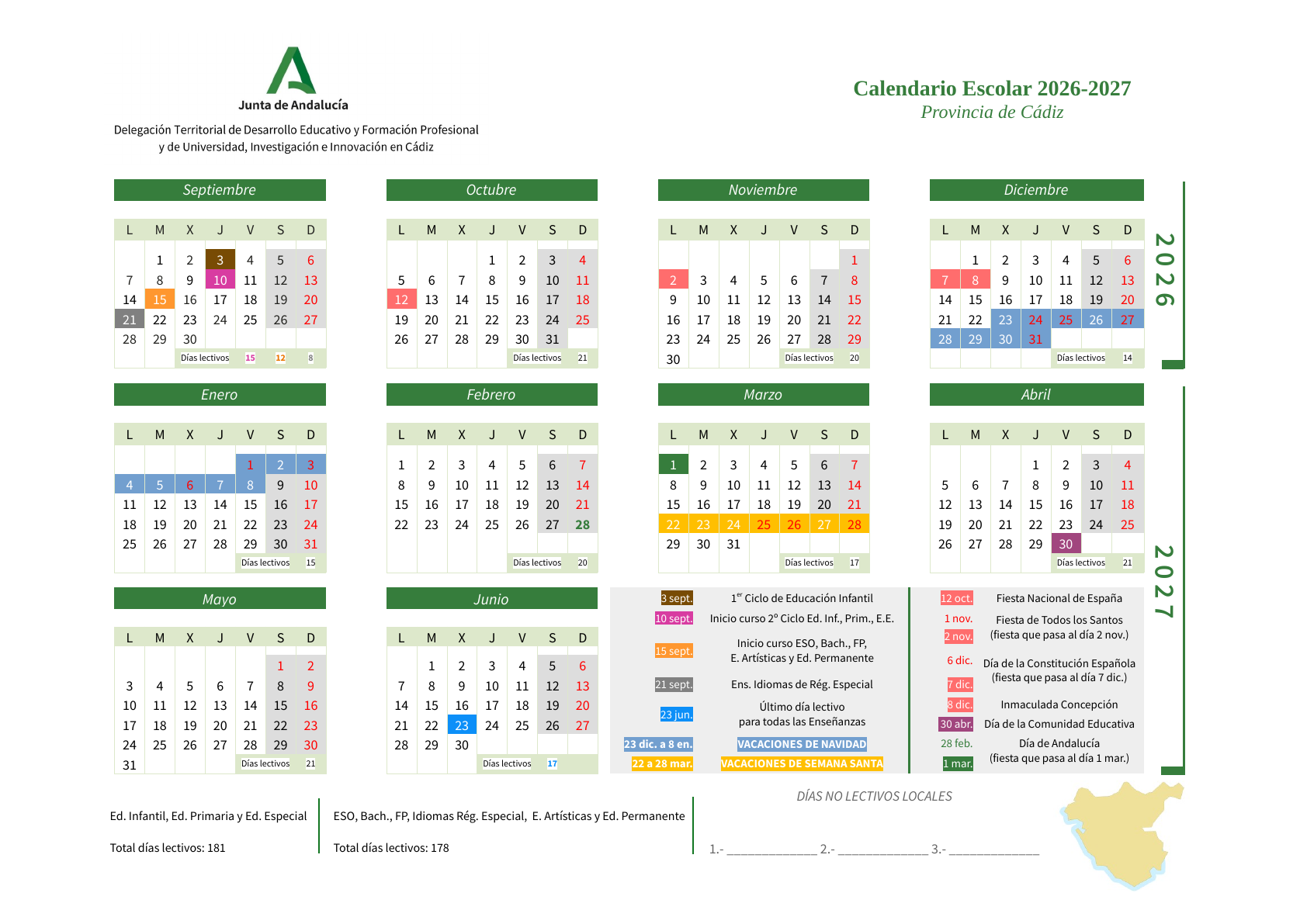 Calendario escolar oficial 2026-2027 de la Junta de Andalucía. Provincia de Cádiz.